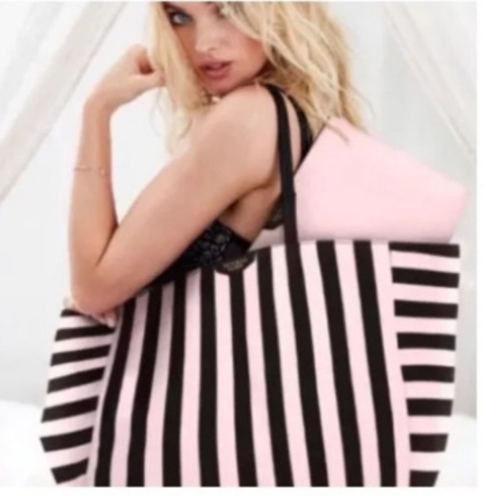 Victorias Secret Large Black & Pink Striped Large Bag NEW Rare - Picture 3 of 4